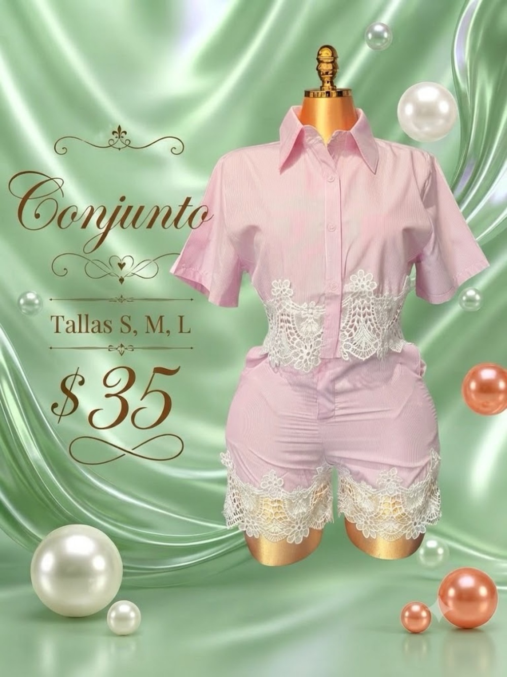 Pink Lace Trim Two-Piece Shirt & Short Set